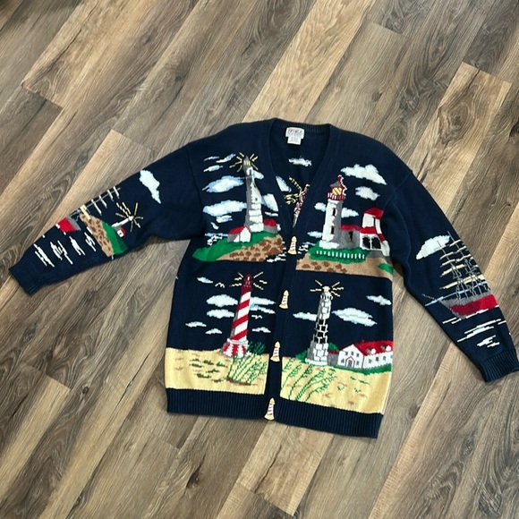 Vintage PBJ Sport Navy Blue Lighthouse Nautical Novelty Cardigan Size Large - Picture 1 of 16
